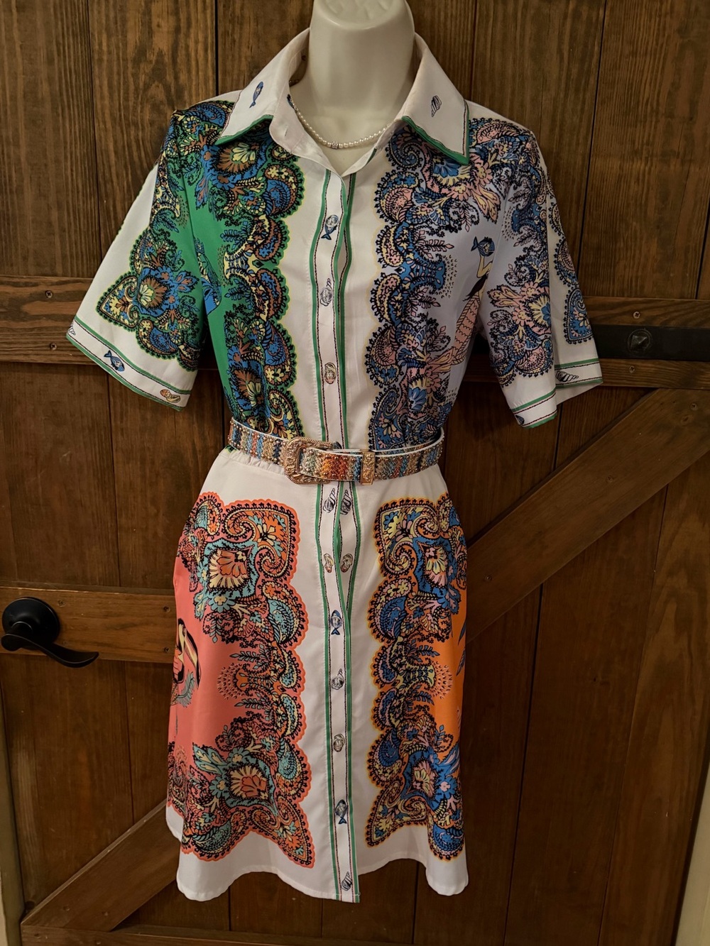 Printed Short Sleeve Shirt Dress in White, Green & Orange